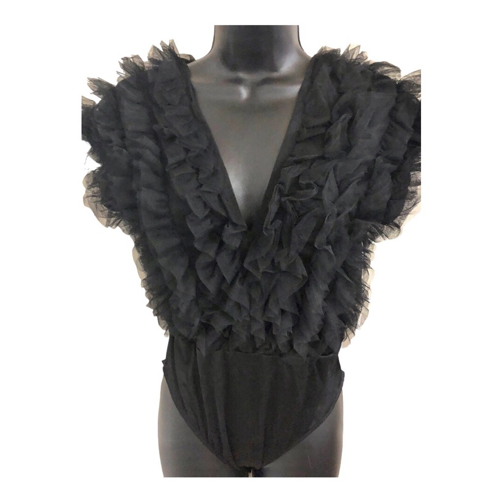 Ruffled Chiffon tulle plunge front black bodysuit size medium brand new - Picture 10 of 16